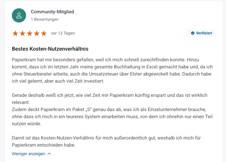 Papierkram-Buchhaltung für Selbstständige und Kleinunternehmer - verifizierte Bewertung