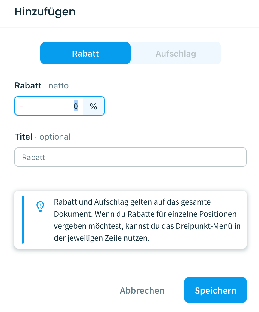 Einen Rabatt in eine Rechnung oder in ein Angebot eingeben