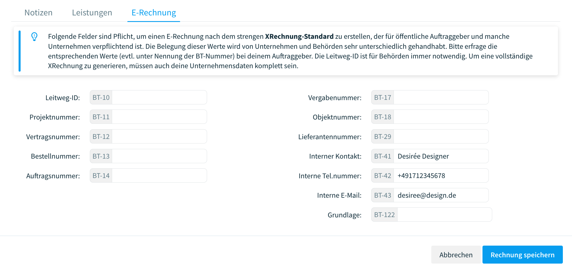 Neue BT-Felder für E-Rechnungen und XRechnungen