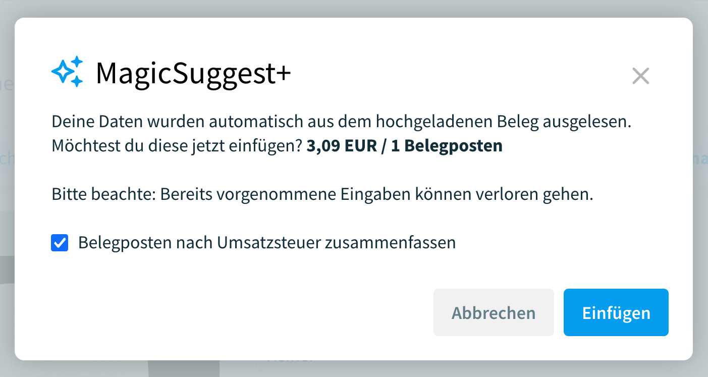 Automatische Belegerkennung mit KI Hinweis zur Datenübernahme