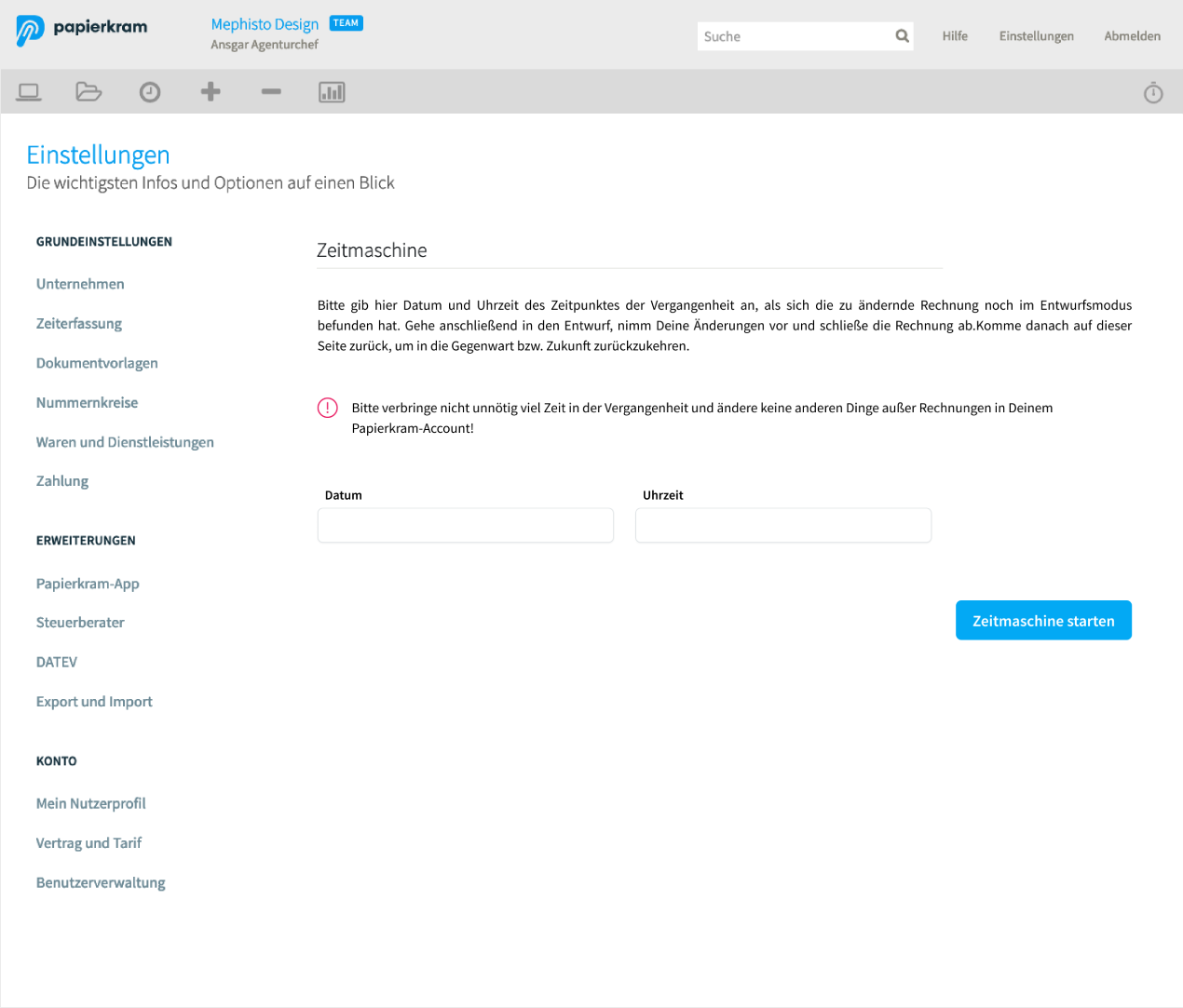 Screenshot des Interfaces des Papierkram-Fluxkompensators