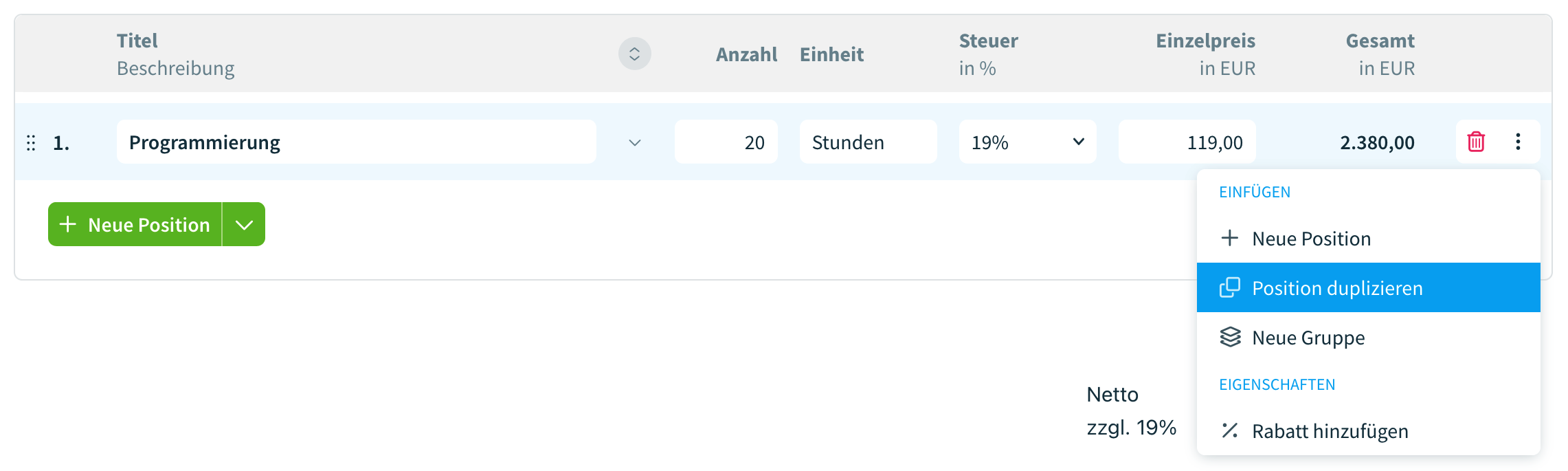 Positionen duplizieren