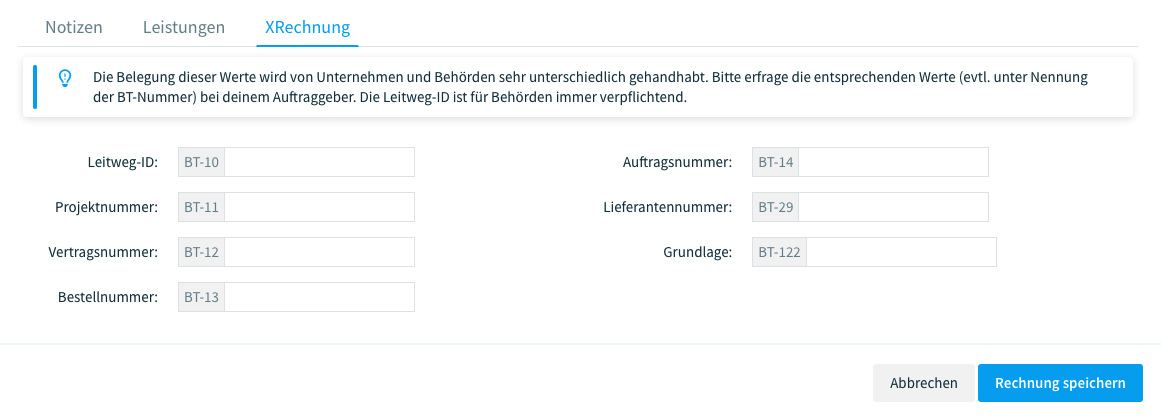 Felder für XRechnung befüllen