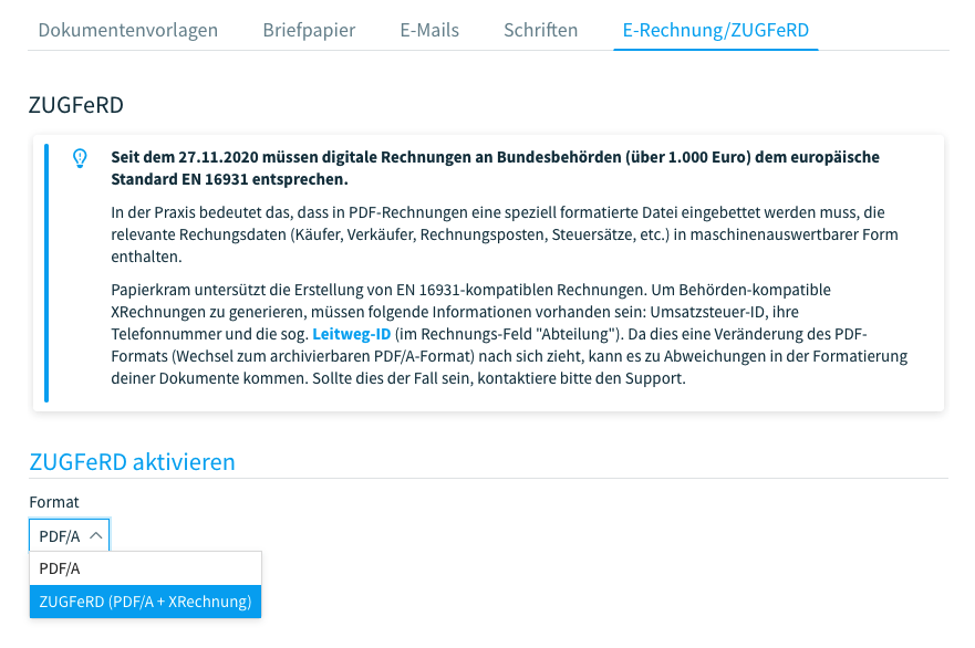 Das ZUGFeRD-Format einstellen