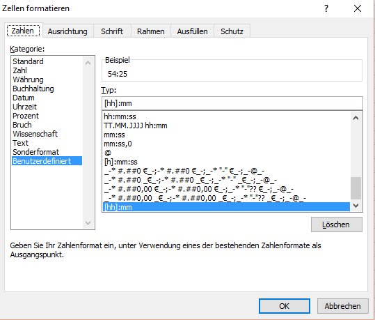 Zellen in Excel formatieren für Summe aus Zeiten