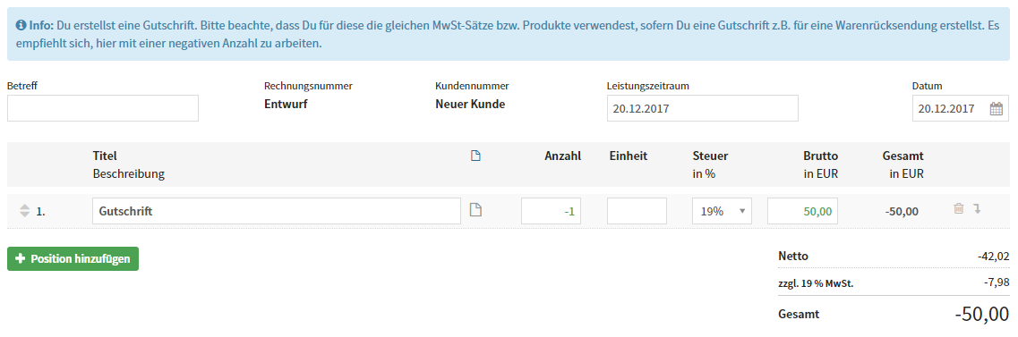 Hinweistext Gutschrifterstellung