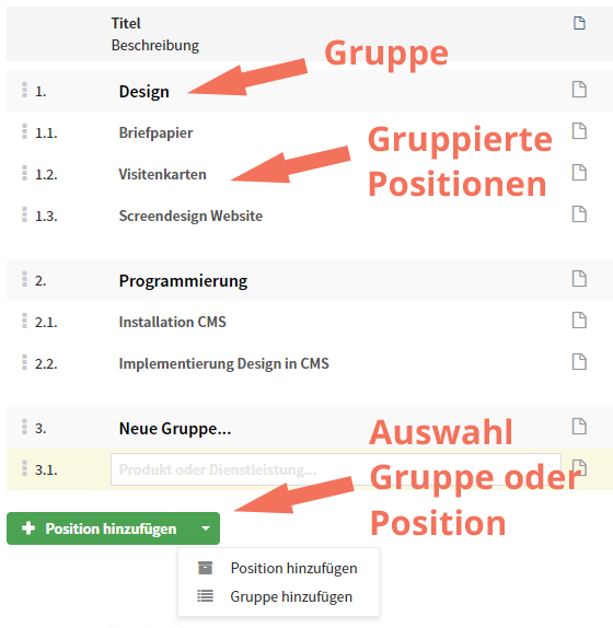 Gruppierte Positionen im Entwurfsmodus